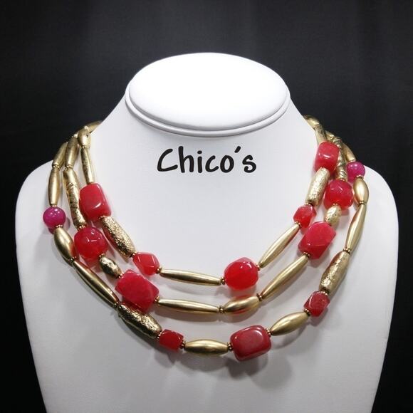 Chico's Red Gemstone 3 Strand Beaded Necklace, 20 Inches, Tested Spinel - Picture 1 of 8